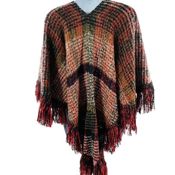 Coco + Carmen Brown Plaid Knit Fringe Poncho Shawl Sweater Casual Winter OS - Picture 3 of 8